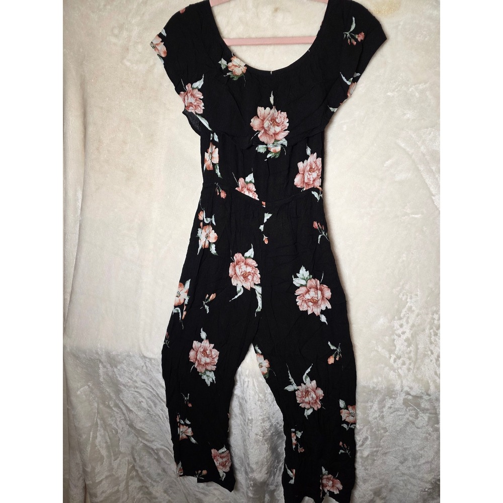 Mimi Chica Womens Black Floral Ruffle Cap Sleeve Wide Leg Jumpsuit M M302BA879